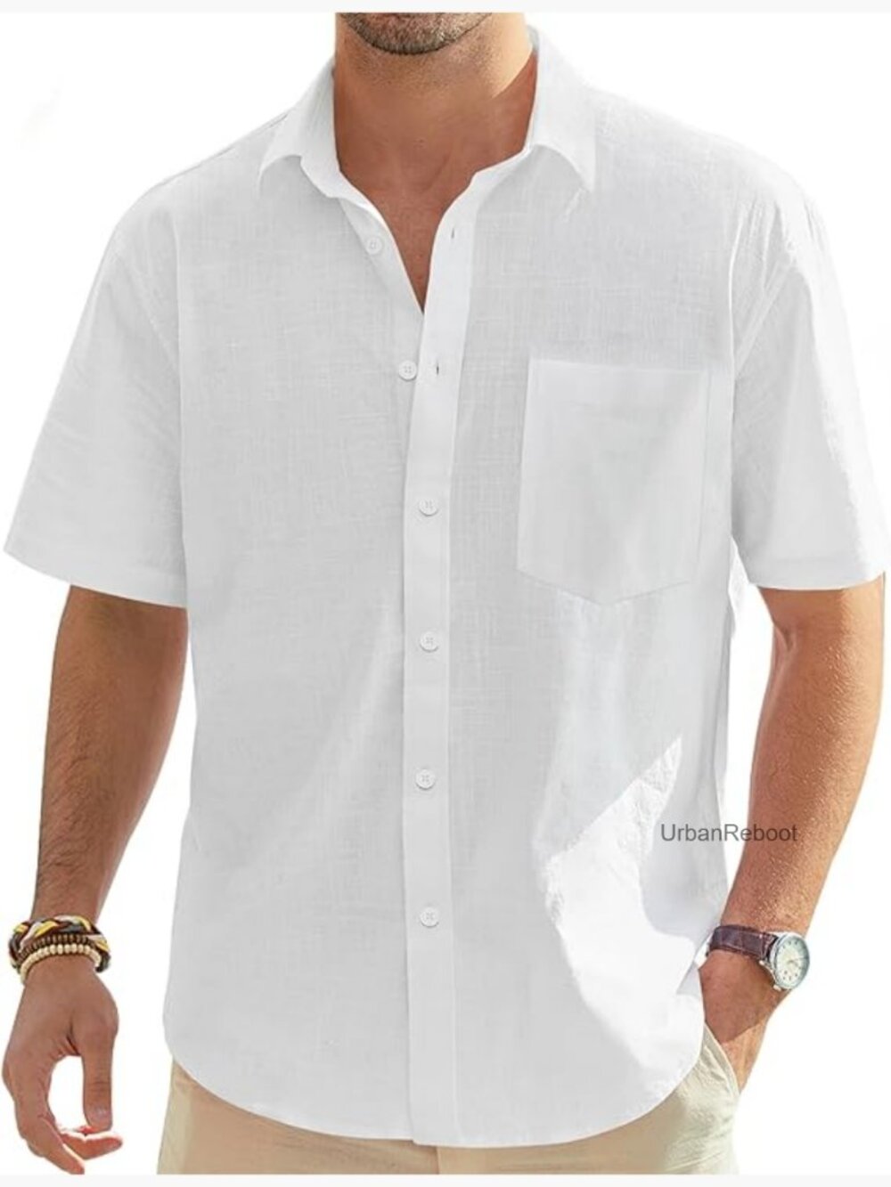 Cotton Linen Button Down Short Sleeve Shirt for Summer Vacation
